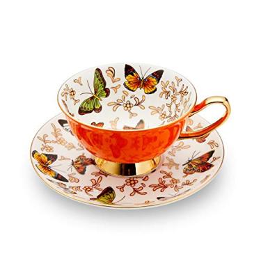 Imagem de Caneca de café LURRIER com pires para latte, chá cappuccino com borboletas, 200 ml, pode ir à lava-louças e ao micro-ondas, esmalte reativo, 1 peça