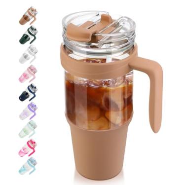 Imagem de Copo de vidro Tronco 1,2 l, com canudo articulado antivazamento e tampa de plástico, reutilizável, com alça, copo para café gelado, garrafas de água, compatível com porta-copos, perfeito para smoothie