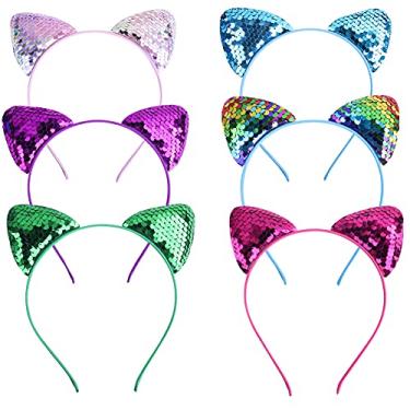 Imagem de ericotry 6PCS Sequin Cat Ears Headband Shiny Hair Hoops Hair Accessories for Women Girls Daily Wearing and Party Decor (Color Random)