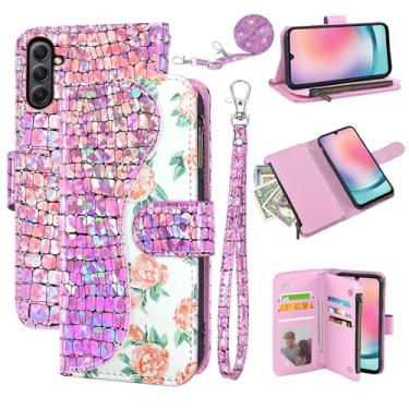 Imagem de Dibosom Capa carteira floral para Samsung Galaxy A25 5G/A24 4G/M34/F34 com alça de pulso alça de ombro flip zíper bolsa porta-cartões, capa de celular brilhante com suporte para celular A 25 25A 24A