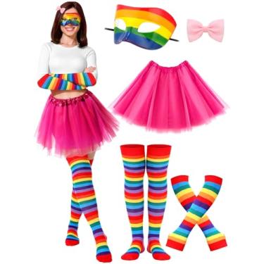 Imagem de Skicuff 5 Pcs Halloween Book Character Costume Rainbow Stripes Costume Accessories Thigh High Socks Gloves Pink Tutu Skirt and Bow Hair Clip Mask for Women Cosplay Party