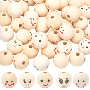 Imagem de GORGECRAFT 50 peças, 5 estilos, contas de madeira sorridente, 25 mm/2,5 cm, contas grandes de madeira natural, esferas, espaçador, contas, rosto sorridente, impresso, cabeça de boneca, contas soltas