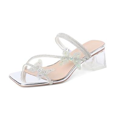 Imagem de Joseywade Sandálias de salto alto strass borboleta salto mules bico aberto transparente bloco baixo salto grosso 5 cm tira no tornozelo sapatos, Prata metálica., 39
