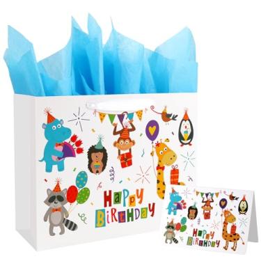 Imagem de ASYEHJNR Bolsa de presente de aniversário grande de 33 cm com estampa de animais zoológicos com cartão de felicitações e papel de seda para crianças, bebês, meninas, homens, mulheres, aniversário