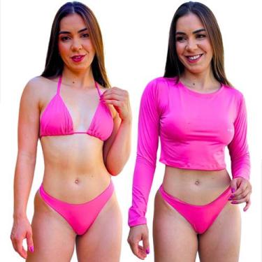 Imagem de Kit Cropped Manga Longa Proteção Solar Biquini Asa Delta Sutiã Cortini