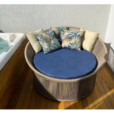 Imagem de Chaise Palmeira Taça em Corda Nática Bege - Tecido Lisato Marinho - Ne