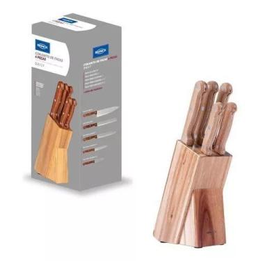 Imagem de Conjunto 5 facas cabo madeira+cepo madeira daily - BRINOX