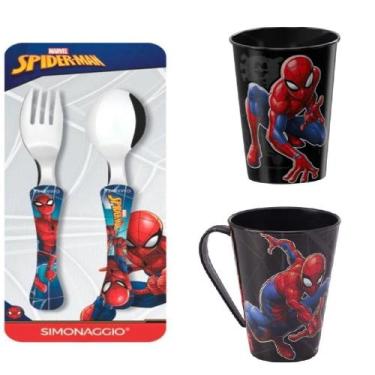 Imagem de Kit Homem Aranha - Faqueiro com 2 peças e Copo  e Caneca - Utensilios 