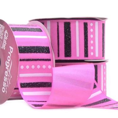 Imagem de Fita Gorgurão Decore Glitter Listras Pretas Fundo Rosa 38MM 10 Metros 