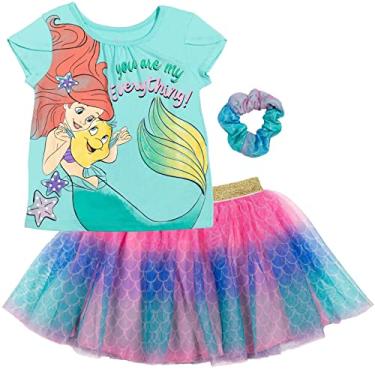 Imagem de Disney Princesa Moana Frozen camiseta de tule malha saia e scrunchie conjunto de roupa de 3 peças para crianças grandes, Ariel, 7-8 Anos