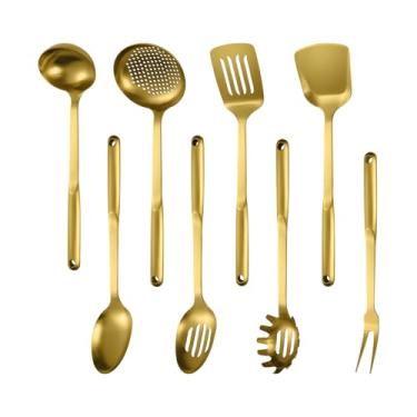 Imagem de Conjunto de utensílios de cozinha de aço inoxidável 304, conjunto de 8 peças, inclui escumadeira, concha de sopa, servidor de espaguete, espátula wok, escumadeira, colher sólida, espátula com fenda e