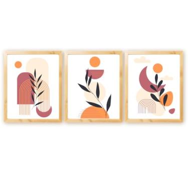Imagem de Kit 3 Quadros Decorativos Folhagem Abstrato Geométrico Galhos Plantas Boho c/Moldura Natural 30x40cm (Kit 11)