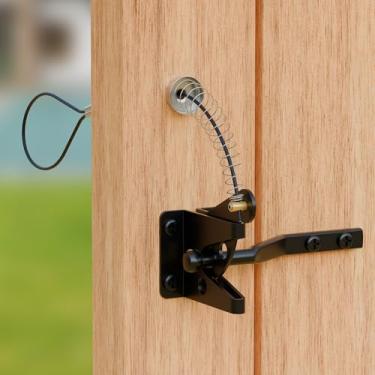 Imagem de YONSIN 2 conjuntos de travas de portão com trava automática com puxador de cabo de mola, ferragens de trava de portão resistente para portão de cerca de vinil de madeira, trava de portão de montagem