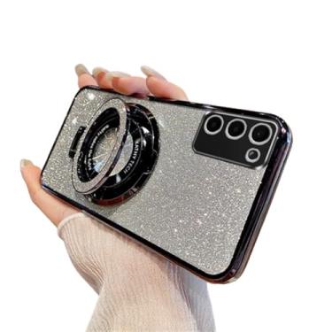 Imagem de MEMAXELUS Capa para Samsung Galaxy A56 5G com glitter brilhante diamante luxuoso chapeamento silicone TPU capa macia protetor de câmera com suporte de anel magnético para Samsung Galaxy A56 5G, preto
