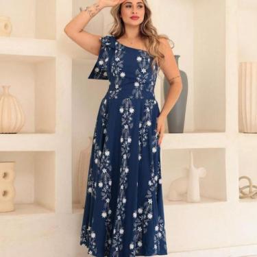 Imagem de Vestido midi tricôline estampado com laço um ombro - NoBrand, Azul mar