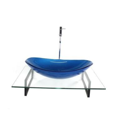 Imagem de Kit Cuba Vidro Oval Azul Escuro Tampo 60Cm Incolor E Suporte - Cubas E