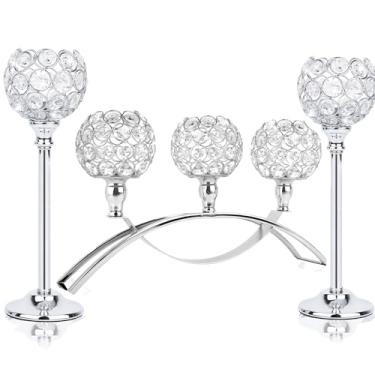 Imagem de Castiçais de cristal prateado, candelabro de metal de 3 braços, suporte de castiçal vintage para decoração de casamento, mesa de jantar, mesa de centro, decoração de mesa de café