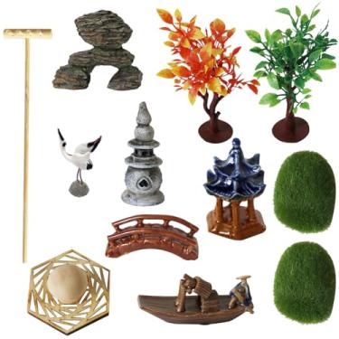 Imagem de Acessórios de jardim Zen Deluxe – Kits de jardim de areia e meditação de mesa com racks de musgo Ponte de guindastes de cerâmica (conjunto de 12)