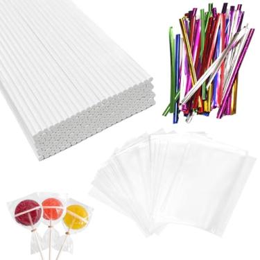 Imagem de Kit de 300 peças de palitos e envoltórios de bolo, acessórios para fazer bolo CHELIZIYA Pop, incluindo 100 palitos de pirulito de papel de 15 cm, 100 pacotes de sacos, 100 peças de laços coloridos