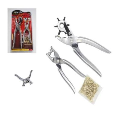 Imagem de Kit Alicate Furador Vazador Ilhoses 2 Em 1 Furador Cinto Couro Ajuste Com 100 Ilhos 6 Medidas Profissional Completo