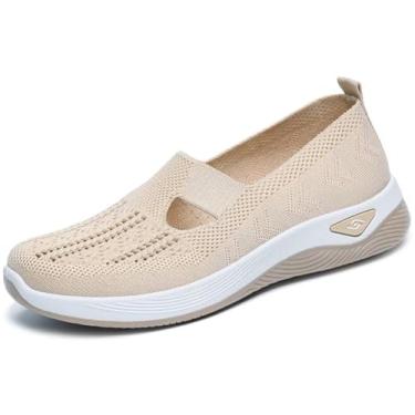 Imagem de Fangsto Tênis De Caminhada Feminino Ortopédico De Malha Tênis De corrida Esportivo Atlético Sapatilhas sem cadarço Confortável Respirável Bege BR 40