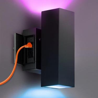 Imagem de SHIMR Luz De Varanda Com Tomada Gfci, Luzes Externas Rgbcw Que Mudam De Cor Do Anoitecer Ao Amanhecer, Alumínio Antiferrugem À Prova D'Água, Luminária Externa Moderna Preta Para Porta De Entrada De