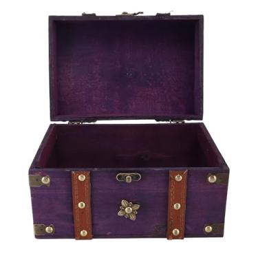 Imagem de Caixa de baú de Tesouro Vintage, Caixa de Jóias Caixa de Armazenamento Decorativo de Madeira Com Detalhes Em Metal de Liga Ideal para Decoração de Casa (Roxo)