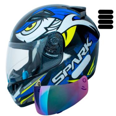Imagem de Capacete Ebf Spark Dragon Azul Fechado Com Viseira Camaleão e Adesivo Extra