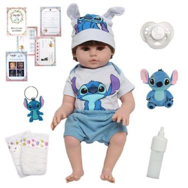 Imagem de Boneco Reborn Bebê Menino Stitch 100% Vinil Pode Banho - Cegonha Rebor