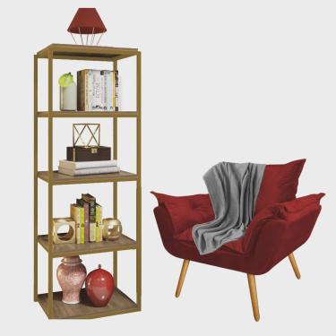 Imagem de Kit Poltrona Fatte com Manta Soft Cinza e Estante Livreiro Ferro Dourado mdf Freijó Suede Vermelho - Ahazzo Móveis