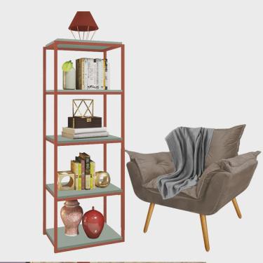 Imagem de Kit Poltrona Fatte com Manta Soft Cinza e Estante Livreiro Ferro Bronze mdf Verde Oliva Suede Bege - Ahz Móveis