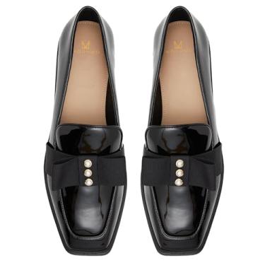 Imagem de MOOMMO Mocassins femininos de salto baixo grosso com laço patente, sem cadarço, bico quadrado, mocassim pérola, 2,5 cm, salto bloco, sapatos confortáveis, para escritório, feminino, oxford, mocassim