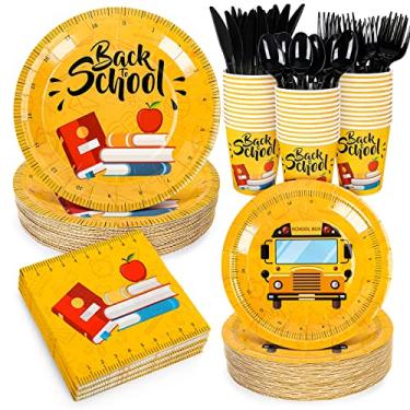 Imagem de Whaline Conjunto de utensílios de mesa de volta às aulas, 175 peças, com estampa de escamas amarelas, conjunto de louça descartável de 23 cm e 17,8 cm, guardanapo, copo, faca, garfo, colher para 25