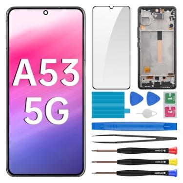 Imagem de BESJMYT Substituição de tela para Samsung Galaxy A53 5G com moldura LCD, digitalizador sensível ao toque, montagem completa e botão lateral, alto-falante, vibração, motor de vidro, kit de ferramentas