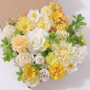 Imagem de JGRSHES Conjunto de flores artificiais, flores falsas, flores amarelas, flores de seda, rosas de dália, com hastes para decoração de casamento, festa, chá de bebê, arranjos florais de mesa, decoração