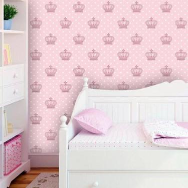 Imagem de Papel de Parede Infantil Rosa com Poá e Coroas 270 - Inove Papéis de P