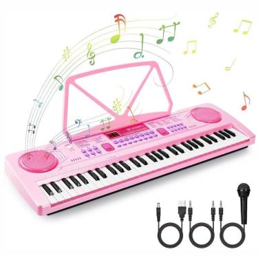 Imagem de Teclado Musical Para Iniciantes 61 Teclas Com Microfone Rosa