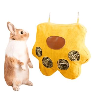 Imagem de Bolsa alimentadora de feno de coelho com 4 furos para gaiola de porquinho-da-índia Timothy dispensador de feno manjedoura para pendurar grande menos resíduos para coelho (amarelo, P)