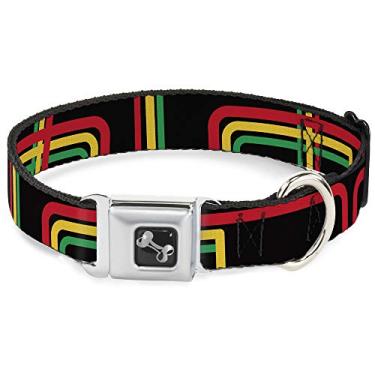Imagem de Buckle-Down Coleira para cães com fivela de cinto de segurança – linhas de labirinto preto/rasta – 3,8 cm de largura – serve para pescoço de 40,6 a 58,4 cm – Médio