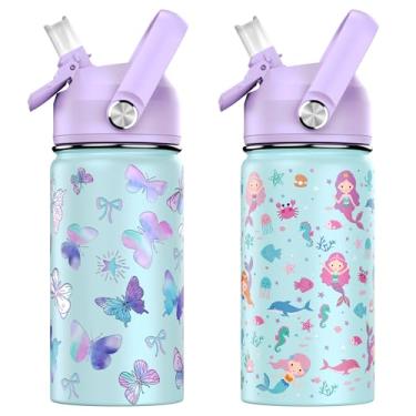 Imagem de ACESAK Garrafa de água infantil isolada de 400 ml com tampa de canudo – Copo infantil de aço inoxidável 18/8 para viagem, parede dupla, à prova de vazamento, portátil (borboleta + sereia)