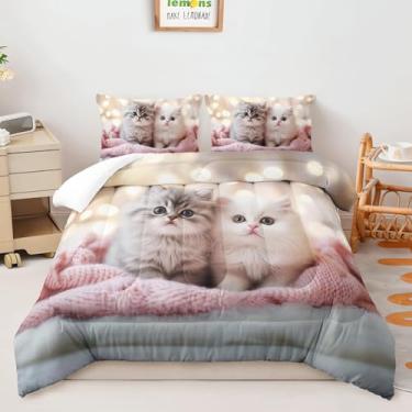 Imagem de AILONEN Conjunto de cama de gato persa 3D, adorável conjunto de edredom de gatinhos persas, tamanho solteiro, perfeito para amantes de gatos, 3 peças, 1 colcha e 2 fronhas