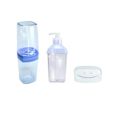 Imagem de Conjunto para Banheiro Clean, 3 Peças, Dispenser com Bomba, Porta Escova e Suporte, Branco e Transparente