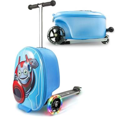 Imagem de Kiddietotes Scooter de mala de viagem 3-D Hardshell para crianças - Linda bagagem de mão leve infantil com rodas de LED iluminadas - Design de roda 2022 atualizado, Robô super-herói