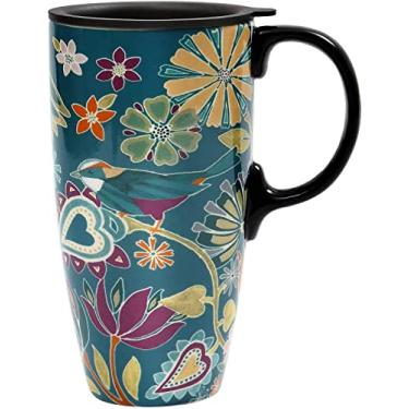 Imagem de Topadorn Caneca de cerâmica de café xícara de chá com leite de porcelana com tampa 500 ml Sinfonia floral, pássaro verde