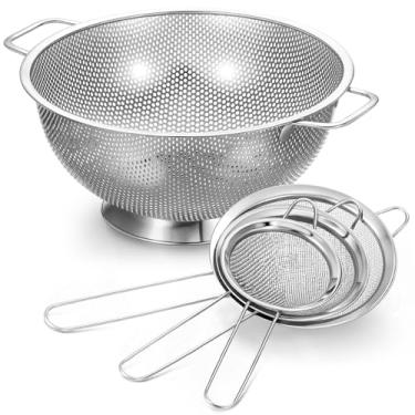 Imagem de Norme Escorredor de prata de aço inoxidável de 5 litros e 3 peças de filtro de malha fina de prata, coador de aço inoxidável para macarrão, arroz, alimentos, metal, coador com alças, fácil de limpar e