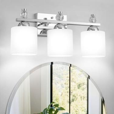 Imagem de BNHHLZ Luminárias De Banheiro Cromadas Sobre Espelho, Arandelas Parede Modernas 3 Luzes Com Cúpulas Vidro Branco Leitoso E Acessórios Cristal Para Sala Estar, Quarto Corredor