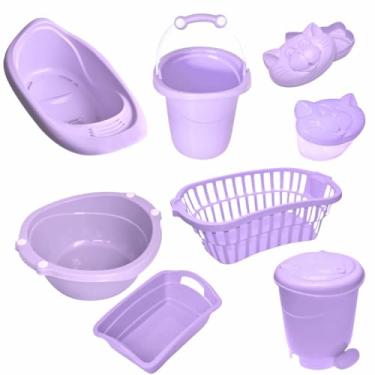 Imagem de Kit banho Bebê 8 Peças Plastibaby Banheira Bacia Lixeira Balde Cesto Organizador Saboneteira e Porta Chupeta (Lilás)