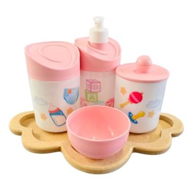 Imagem de Kit Higiene Baby Menina e Menino c/bandeja em MDF (Nuvem Crua/Rosa)