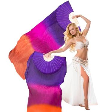Imagem de Leemiman Par de véus profissionais para fãs de dança do ventre (esquerda + direita), véus de leque de seda sintética de 180 x 90 cm para apresentações de dança oriental (roxo rosa laranja)