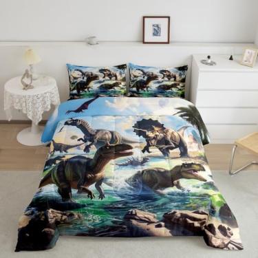 Imagem de Feelyou Conjunto de cama infantil de dinossauro, tamanho casal, dinossauro jurássico 3D, jungle dino, ultramacio, animais selvagens, decoração de quarto